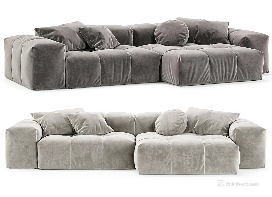 Gray Velvet Sectional Sofa With Plush Cushions Modular Design For Cozy Living Space 3d model 