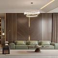 Modern Dining and Living Room Interior With Green Sofa Wooden Wall And Chandelier