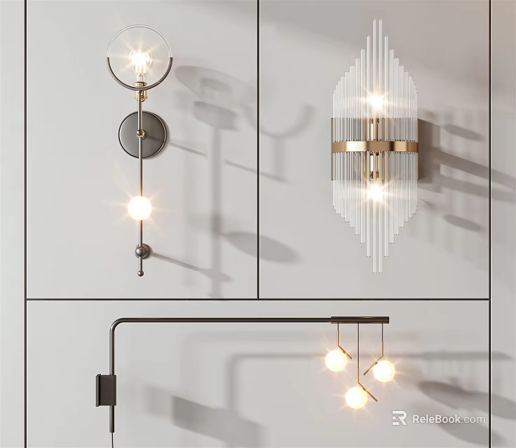 Modern Stylish Wall Lights With Metal Frames Glass Shades And Warm Glow 3d model 