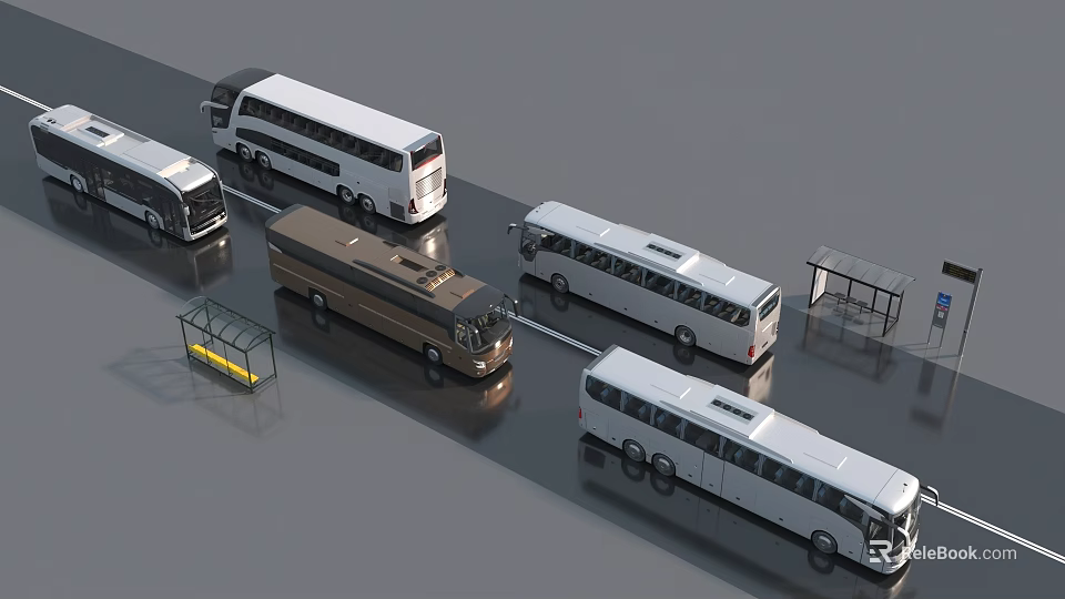 Multiple Buses Parked Near Bus Stop On Urban Road With Different Colors And Styles 3d model 
