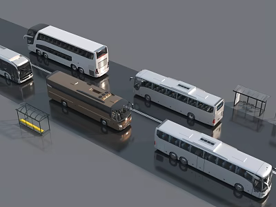 Multiple Buses Parked Near Bus Stop On Urban Road With Different Colors And Styles 3d model