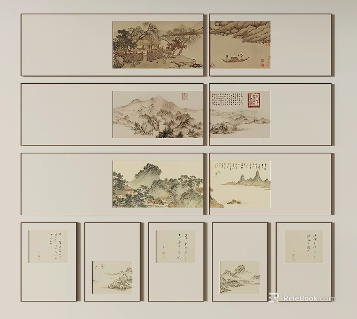 Traditional Chinese Landscape Paintings With Ink Wash Mountain River Scenery And Calligraphy Inscriptions 3d model 