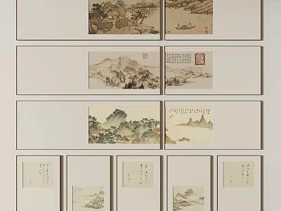 Traditional Chinese Landscape Paintings With Ink Wash Mountain River Scenery And Calligraphy Inscriptions 3d model