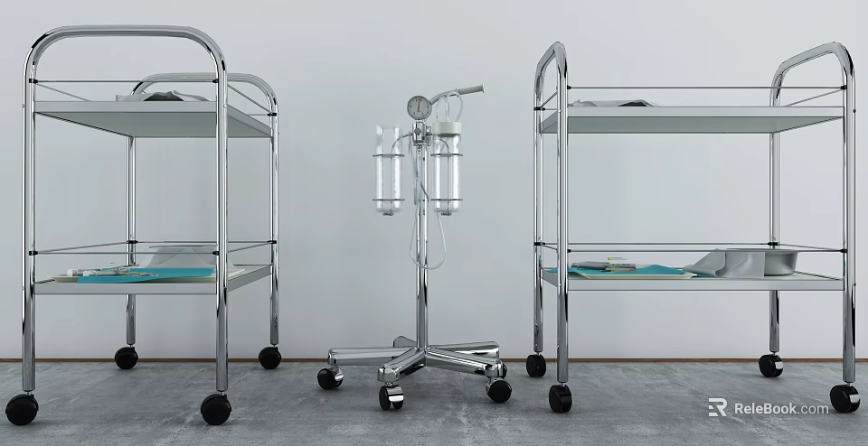 Medical Devices Including IV Infusion Stand With Containers Gauge And Metal Carts With Wheels 3d model 