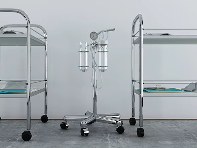 Medical Devices Including IV Infusion Stand With Containers Gauge And Metal Carts With Wheels 3d model