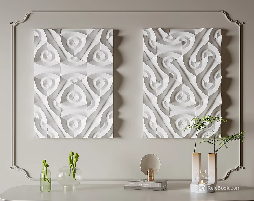 White Relief Wall Decor on Grey Wall with Green Plants Vases and Books Below 3d model 