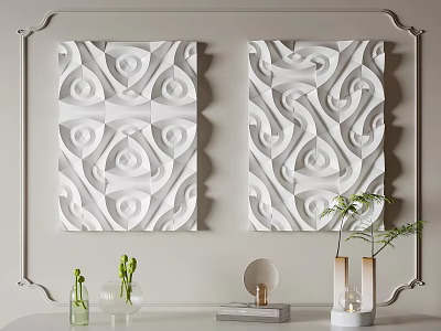 White Relief Wall Decor on Grey Wall with Green Plants Vases and Books Below 3d model