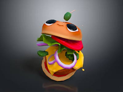 Cartoon Hamburger With Eyes Olive Lettuce Tomato Onion Rings And Cheese 3d model