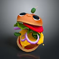 Cartoon Hamburger With Eyes Olive Lettuce Tomato Onion Rings And Cheese