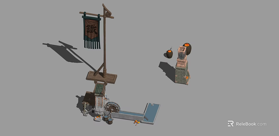Traditional Cast Iron Stove with Wooden Stand Decorative Flag Wheel Structure and Water Basin 3d model 