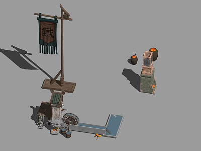 Traditional Cast Iron Stove with Wooden Stand Decorative Flag Wheel Structure and Water Basin 3d model