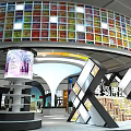 Kids World Exhibition Space With Colorful Curved Ceiling Black White Checkered Walls And Display Shelves