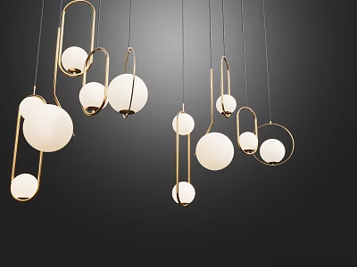 Modern Golden Metal Frame Chandeliers With White Spherical Shades Hanging Design 3d model