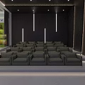 Modern Public Office Space with Rows of Seats Large Blue Screen Black Paneled Walls and Recessed Lights
