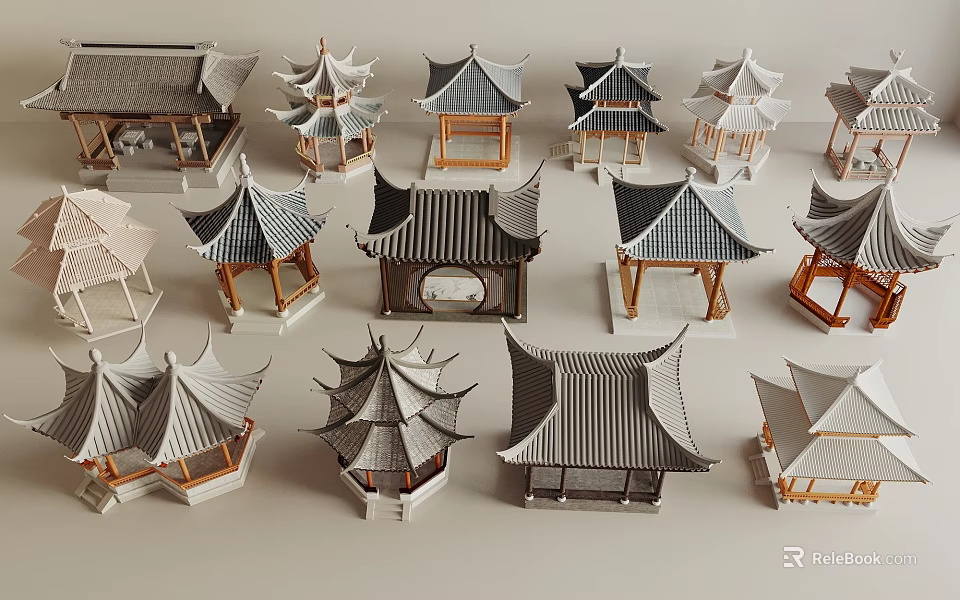 Traditional And Modern Landscape Pavilions With Various Roof Styles And Wooden Frames 3d model 
