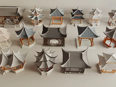 Traditional And Modern Landscape Pavilions With Various Roof Styles And Wooden Frames 3d model
