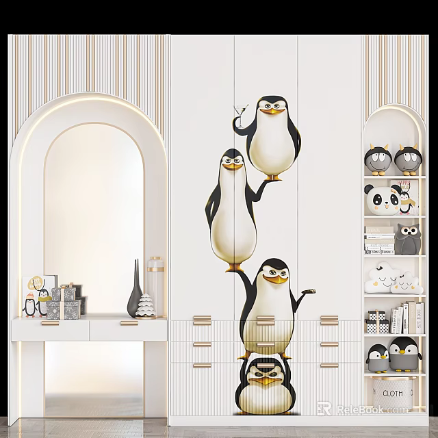 White Shoe Cabinet With Playful Stacked Penguin Design And Side Decorative Shelves 3d model 