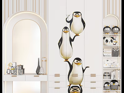 White Shoe Cabinet With Playful Stacked Penguin Design And Side Decorative Shelves 3d model