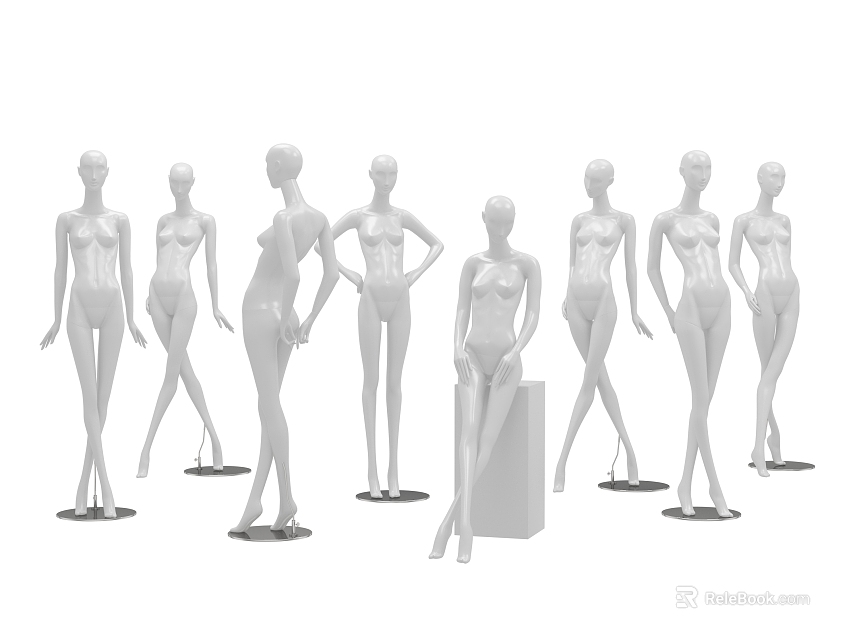 Multiple White Headless Mannequins with Standing and Sitting Poses in Sleek Design 3d model 