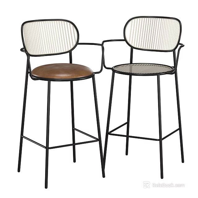 Stylish Bar Stools Featuring Black Metal Frame Striped Backrest Brown Leather And Mesh Seats 3d model 