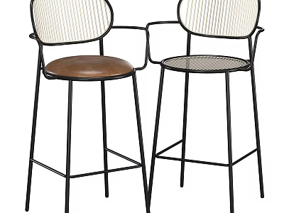 Stylish Bar Stools Featuring Black Metal Frame Striped Backrest Brown Leather And Mesh Seats 3d model