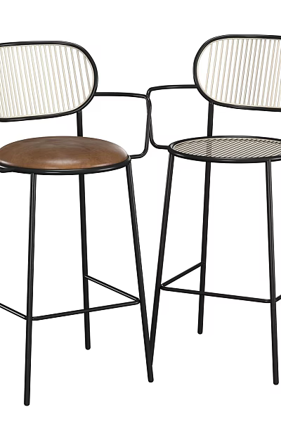 Stylish Bar Stools Featuring Black Metal Frame Striped Backrest Brown Leather And Mesh Seats 3d model