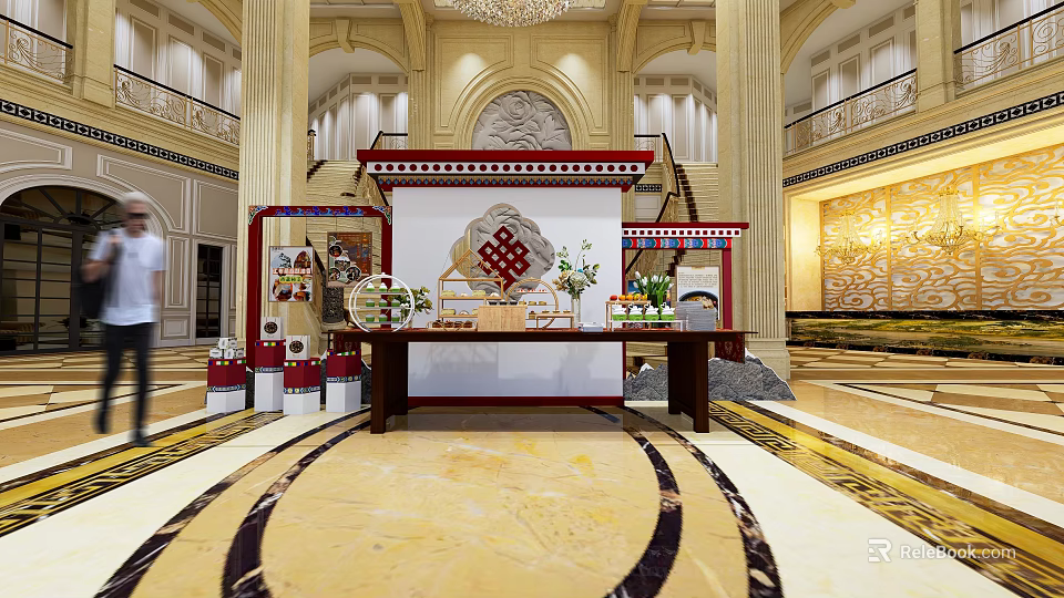 Elegant Tea Break Area In Luxurious Lobby With Exquisite Pastries And Flower Decorations 3d model 