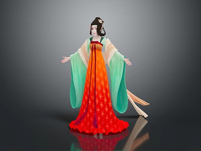 Ancient Costume Female Character In Red Green Robe With Flowing Sleeves And Ornate Hairstyle 3d model