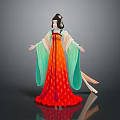 Ancient Costume Female Character In Red Green Robe With Flowing Sleeves And Ornate Hairstyle
