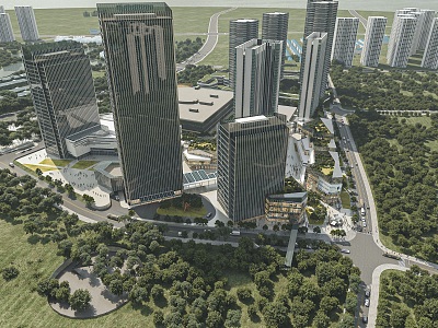 Modern office building, shopping mall, office building, bird's eye view, green landscape, urban road traffic 3d model