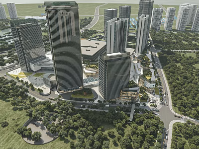 Aerial View Urban Planning With Modern High Rise Buildings Lush Green Areas And Connecting Roads 3d model