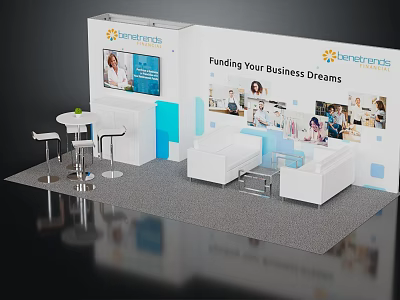 Lenderands Exhibition Booth With Business Funding Graphics White Sofa And Tables 3d model
