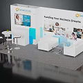 Lenderands Exhibition Booth With Business Funding Graphics White Sofa And Tables