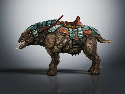Heavy Armored Mythical Creature Mount With Leather Saddle Sharp Tusks And Metal Plates 3d model