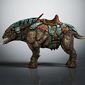 Heavy Armored Mythical Creature Mount With Leather Saddle Sharp Tusks And Metal Plates