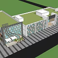 Modern Commercial Complex Exterior Featuring Glass Facade Geometric Patterns And Greenery 3d model