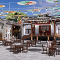 Ancient Architecture Traditional Stage With Hanging Lanterns Oil Paper Umbrellas And Tables Under Night Sky