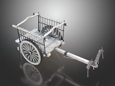 Vintage Classic Cart With Wooden Base Metal Frame Large Wheels And Handle For Transportation Use 3d model