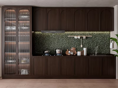 Modern Kitchen Interior With Dark Brown Cabinets Glass Doors And Green Mosaic Backsplash 3d model