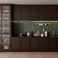 Modern Kitchen Interior With Dark Brown Cabinets Glass Doors And Green Mosaic Backsplash