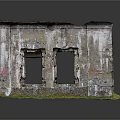 Dilapidated Wall With Two Window Frames Peeling Paint And Grass At Base