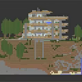 Cartoon Minecraft Hillside Scene With Multi Level Building Trees Grass Waterfall And Water Area