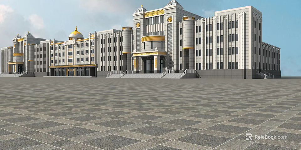 Traditional Modern Office Building With Golden Dome Columns And Front Plaza 3d model 