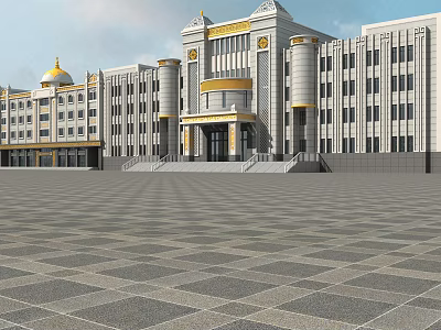 Traditional Modern Office Building With Golden Dome Columns And Front Plaza 3d model