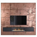 Copper Textured TV Wall Design With Black Television And Fireplace Flames 3d model