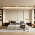 Modern Minimalist Bedroom Interior With Bedside Pendant Lights Orange Armchair And Bookshelves