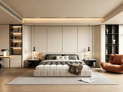 Modern Minimalist Bedroom Interior With Bedside Pendant Lights Orange Armchair And Bookshelves 3d model