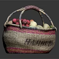 Assorted Fresh Vegetables in Woven Basket with Pink Blue Trim Carrots Sweet Potatoes Radishes