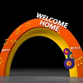 Event Entrance Arch with Welcome Home Lettering Orange Yellow Music Notes and Vinyl Record Decorations