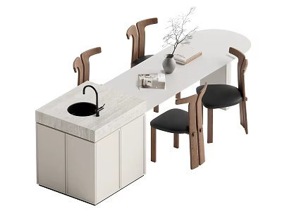 Elegant Modern Dining Table Set With White Marble Tabletop And Wooden Chairs With Black Seats 3d model
